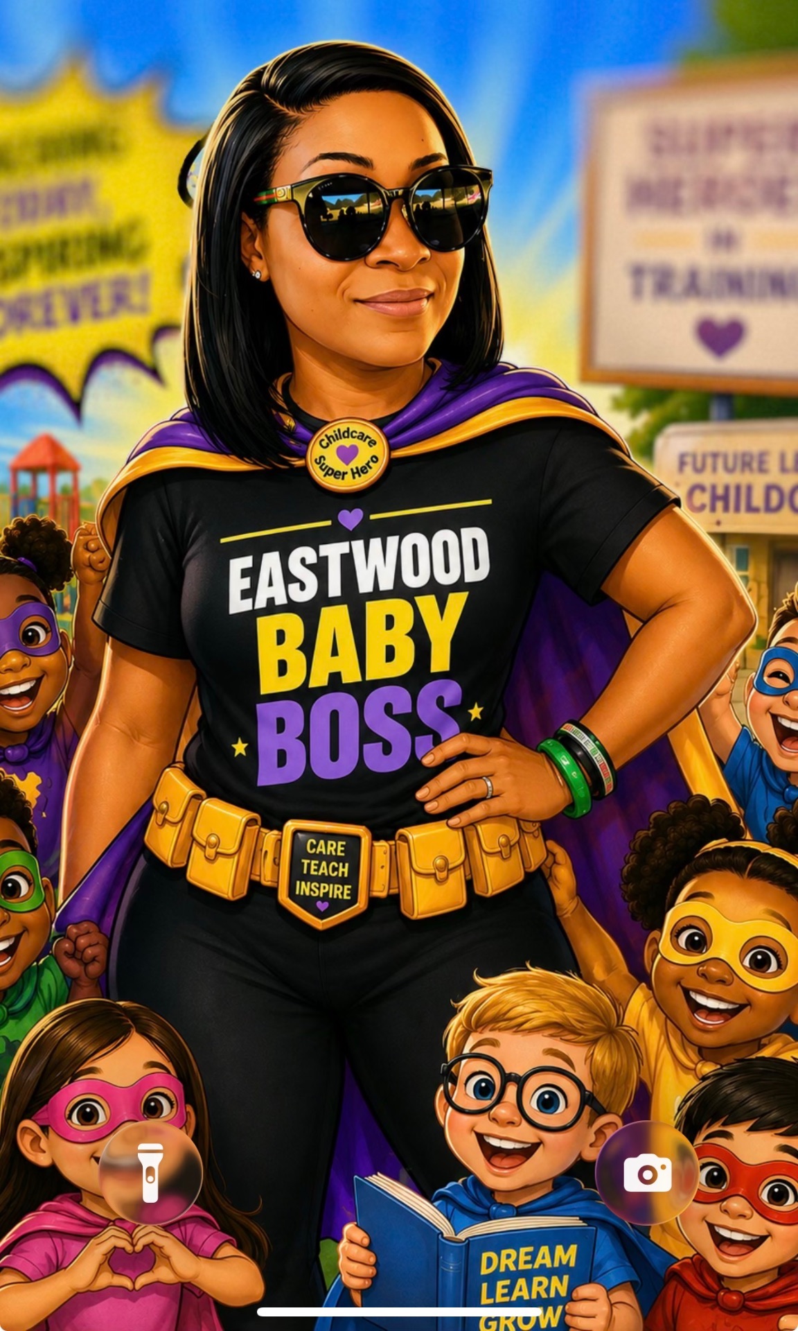 Eastwood Baby Boss flyer - ShuNeece as a childcare superhero with children, showing Care Teach Inspire and Dream Learn Grow